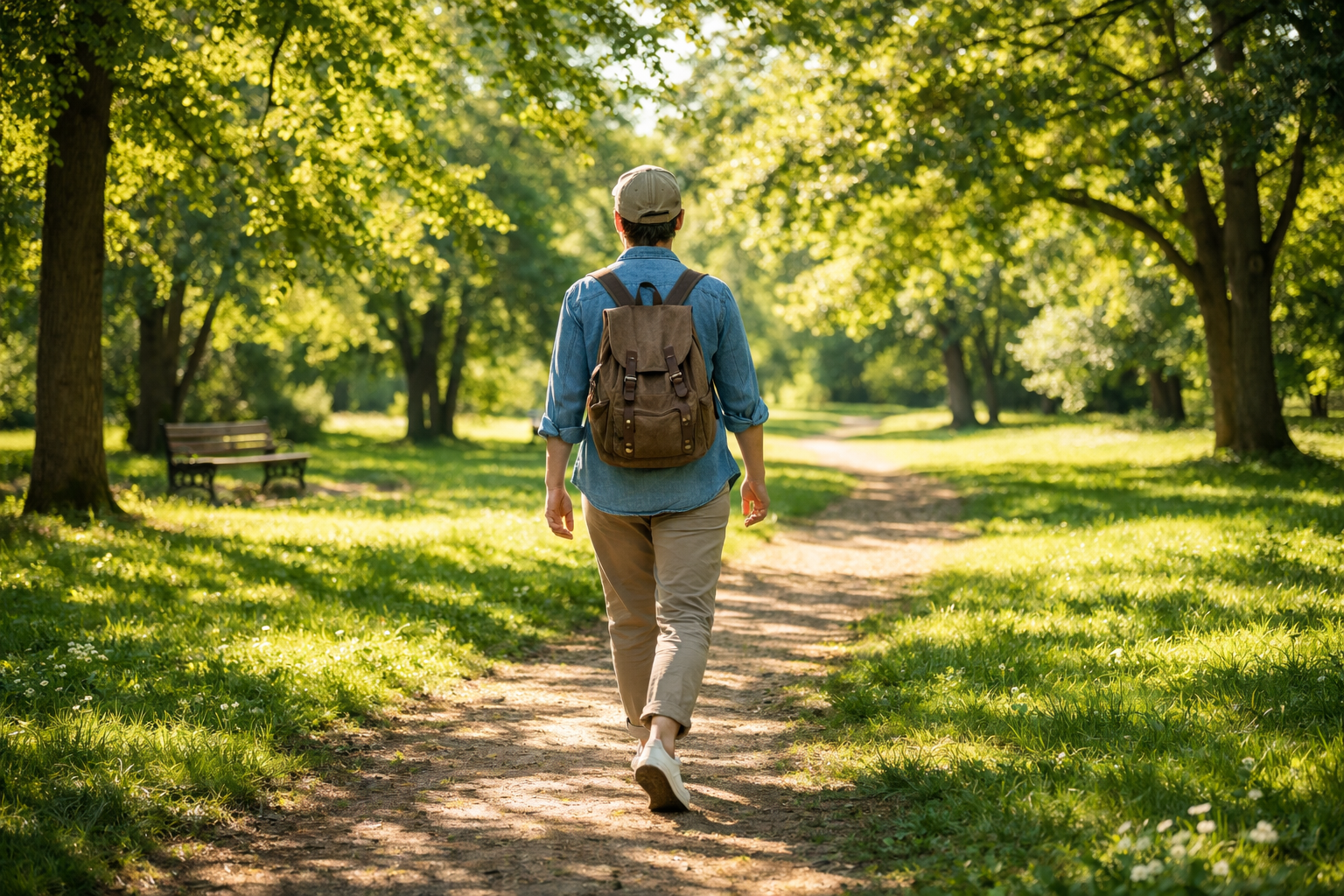 Person walking peacefully through a lush green park on a sunny day, dappled sunlight through trees, relaxed posture, wellness lifestyle photography